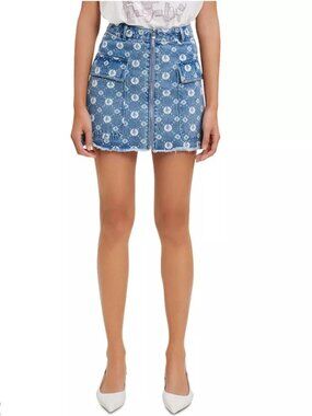 Maje x Sailor Moon Jimoon Monogram Print Front Zip High Waisted Denim Mini Skirt